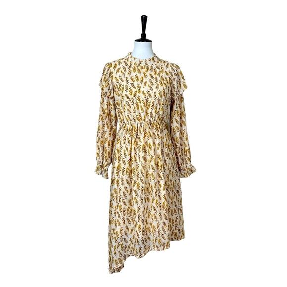 Mikarose Dresses & Skirts - Mikarose Dress Asymmetrical Blouson Waist Cream Leaf Print Women’s Size Medium M